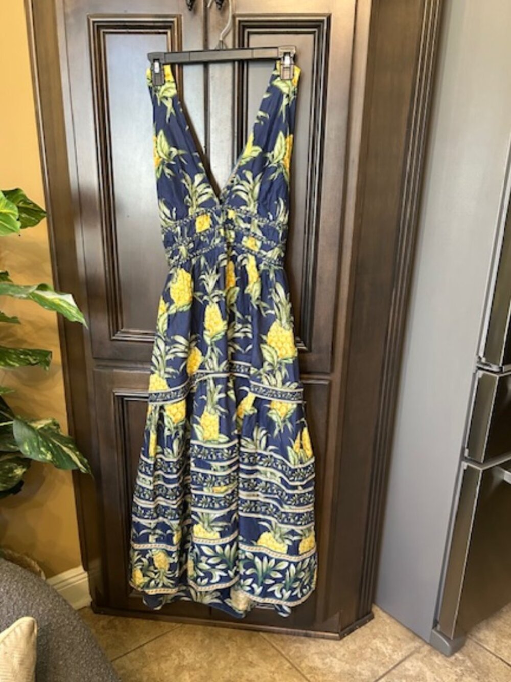 Farm Rio 100% Cotton Delicate Pineapple Navy Blue Midi Dress